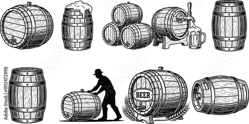 Collection of wooden beer barrel illustrations showing taps, mugs, stacked barrels, rolling worker, decorative wheat, and traditional brewing design