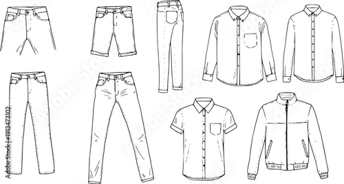 Clothing Sketches: Jeans, Shorts, Shirts, and Jacket - Line Art Fashion Illustrations
