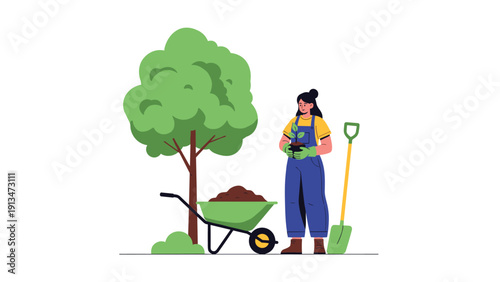 Dedicated woman gardener planting a small sapling next to a large tree with a wheelbarrow and shovel on a white background.