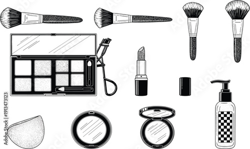 Hand drawn beauty makeup set including eyeshadow palette brushes lipstick eyelash curler powder compact and skin care bottle in vintage stipple style
