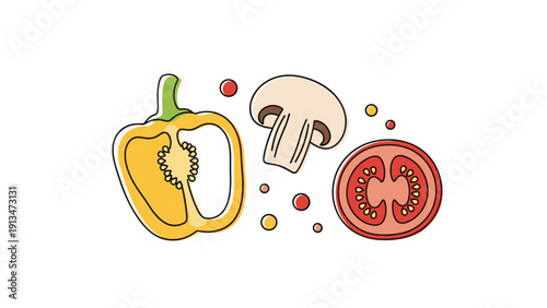 Simple and clean illustration of a yellow bell pepper, a white mushroom slice, and a red tomato slice on a white background.