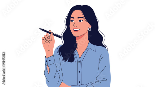 Young professional woman holding a pen while looking thoughtful and inspired in a clean minimalist vector character illustration.
