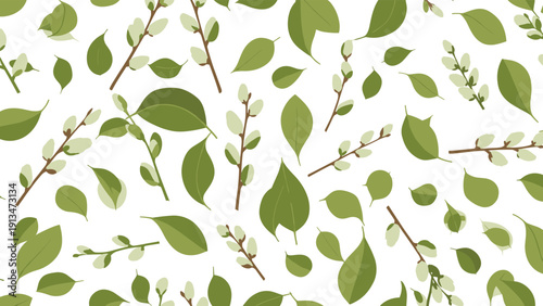 Seamless pattern of various green leaves and budding spring branches scattered across a clean white background for nature themes.