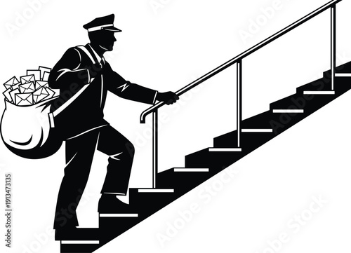 Mailman silhouette climbing stairs with bag of letters, postal delivery concept, black vector illustration isolated on white
