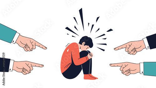 Powerful illustration depicting a person curled on the floor being pointed at by several hands to represent bullying and shame.