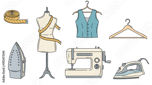 Collection of sewing and tailoring icons including an iron, a sewing machine, a mannequin, and a measuring tape on white.