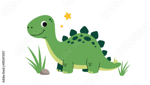 Sweet illustration of a green stegosaurus dinosaur standing in the grass with small yellow stars shining in the sky above.