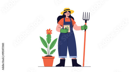 Professional female gardener wearing overalls and a sun hat holding a pitchfork and seeds next to a potted flowering plant.