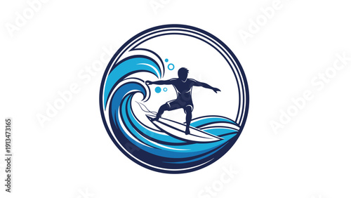 Circular logo design featuring a dark silhouette of a surfer catching a large blue crashing wave in a stylized ocean setting.