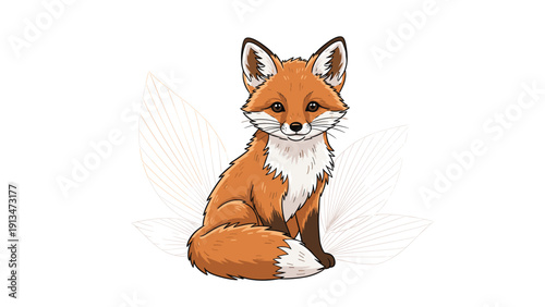 Charming illustration of a red fox with a bushy white-tipped tail sitting gracefully against a background of faint leaf outlines.