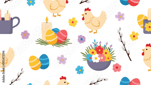 Seamless repeating pattern for easter celebration with cute yellow chickens, decorated eggs, spring flowers, and willow branches on a white background.