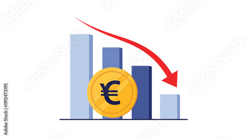 Financial infographic showing a decreasing bar chart with a red arrow pointing down and an euro coin representing economic recession or inflation.