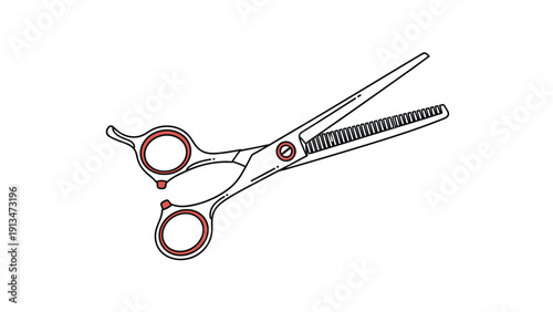 Professional hairdressing thinning scissors used for cutting and texturizing hair in salons, shown in a clean line art style with red handle accents.