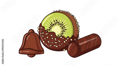 Gourmet chocolate treat set includes a slice of kiwi dipped in dark chocolate with sprinkles, a chocolate bell, and a sweet wafer roll.
