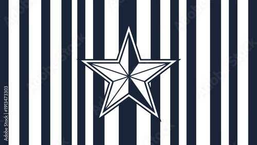 Bold five-pointed star with a compass rose design is centered on a background of navy blue and white vertical stripes of varying widths.