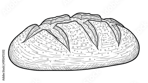 Detailed line art illustration of a freshly baked loaf of crusty sourdough bread showing texture and cuts on the surface of the crust.