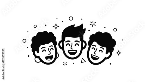Three happy faces featuring joyful expressions are surrounded by sparkling stars and decorative shapes in a black and white line art style.