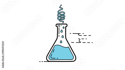 Scientific Erlenmeyer flask filled with blue liquid has rising bubbles and steam in a clean and modern flat illustration design style.