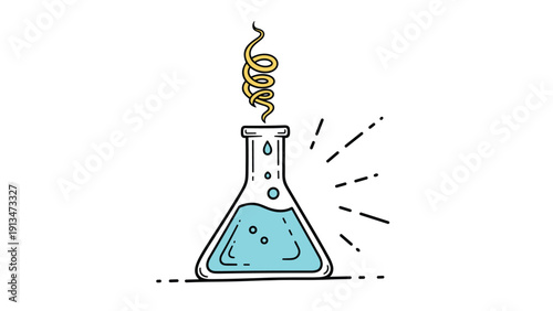 Laboratory Erlenmeyer flask contains blue liquid and has a spiral of yellow steam rising from the top in a playful flat illustration.