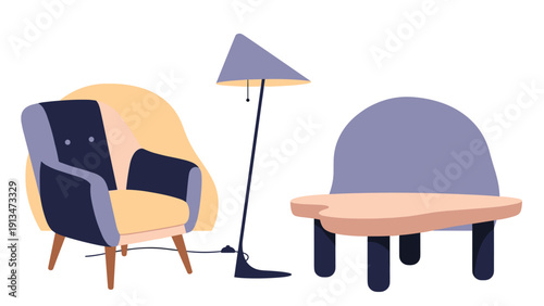 Cozy living room setup features a colorful armchair, a modern floor lamp, and a unique kidney-shaped coffee table in a flat style.