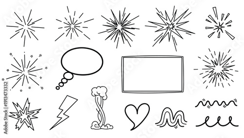 Diverse collection of comic book elements includes explosive bursts, speech bubbles, lightning bolts, and hearts in a line art style.