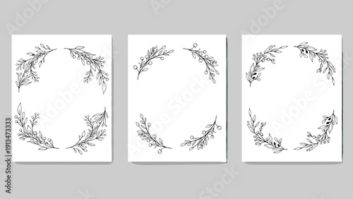 Set of three elegant greeting card templates features delicate floral wreaths in a hand-drawn black and white ink illustration style.