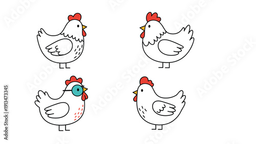 Set of four adorable white cartoon chickens features different small details like glasses and varying red combs in a clean flat style.