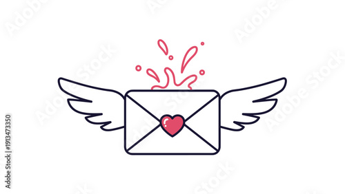 Whimsical envelope with white wings and a pink heart seal has a splash of pink liquid erupting from the top on a white background.