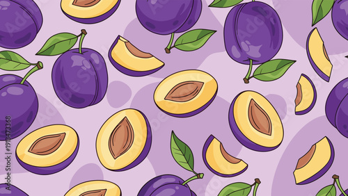 Purple plum pattern features whole fruits and yellow juicy slices with green leaves scattered across a light purple background.