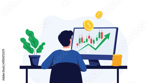 Investor sits at his desk watching a stock market growth chart on a computer monitor with floating gold dollar coins in the air.