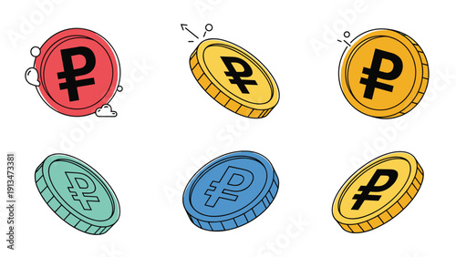 Russian ruble coins in various colors and angles are shown flying through the air with graphic elements to represent finance.