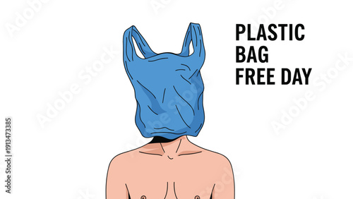 Person wears a blue plastic bag over their head as a powerful environmental metaphor for pollution on plastic bag free day.