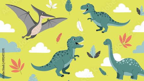 Dinosaurs pattern features various prehistoric creatures like a pterodactyl and t-rex among leaves and clouds on a yellow background.