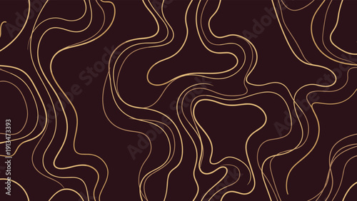 Dark chocolate colored background is decorated with elegant wavy gold lines to create a luxurious and flowing marble like pattern.