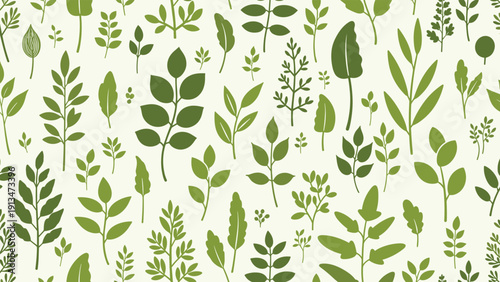 Natural pattern features many different types of green leaves and stems arranged in a dense and lush botanical design.