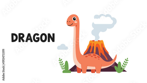 Friendly long necked dinosaur stands near a smoking volcano in a prehistoric landscape with the text dragon next to it.