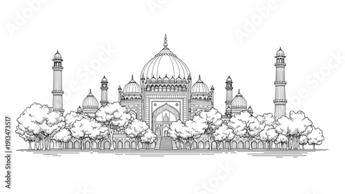 Mystical hand drawn black and white illustration of a human skull decorated with botanical leaves and magic crystals.