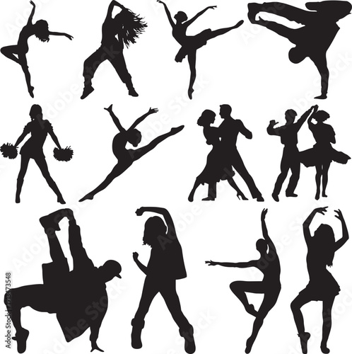 Silhouettes of dancers in various poses and styles showcasing diversity in movement and expression