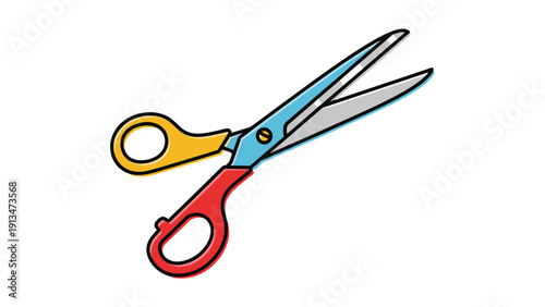 Sharp open scissors featuring blue metal blades and colorful red and yellow handles isolated on a simple white background, office tool.