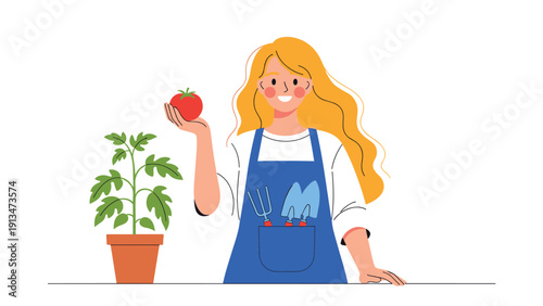 Young woman smiling in apron holding ripe tomato beside potted plant, concept of organic home gardening and vegetable harvesting.