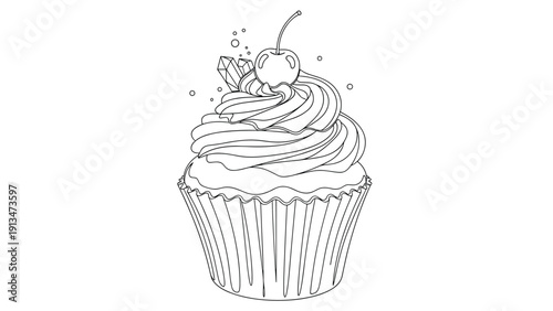 Sweet cupcake with whipped cream swirl and cherry on top in black and white line art with whimsical crystal decorations in background.