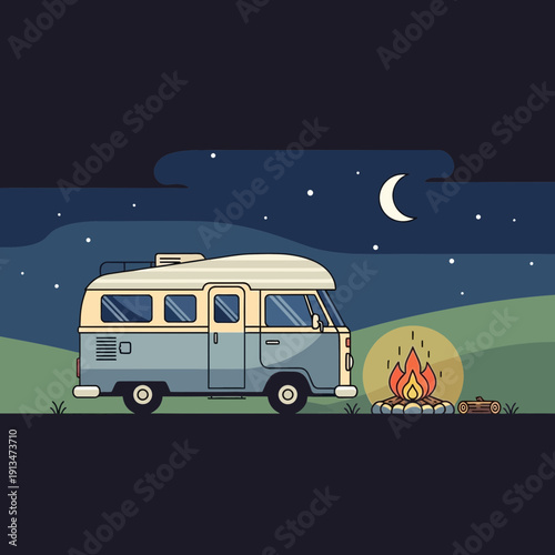 Vintage camper van parked by campfire under starry night sky with moon