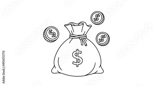 Simple line drawing of a large money bag with dollar symbol surrounded by falling gold coins on white background, savings concept.