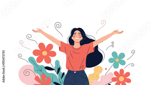 Radiant young woman with long hair standing with open arms amongst giant colorful flowers, symbolizing happiness and inner peace.