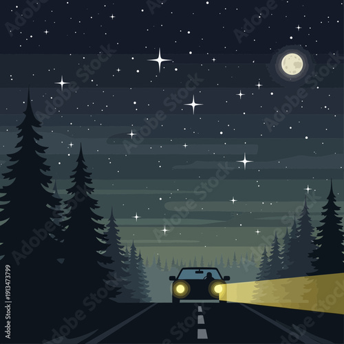 Car driving on road at night, starry sky, moonlit forest landscape