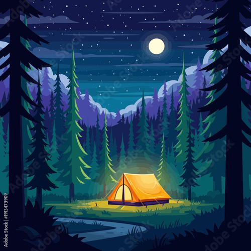 Night camping in forest, illuminated tent under starry sky and full moon