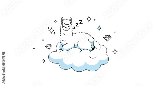 Cute white alpaca or llama sleeping on a fluffy blue cloud surrounded by stars and diamond shapes, whimsical dream world illustration.