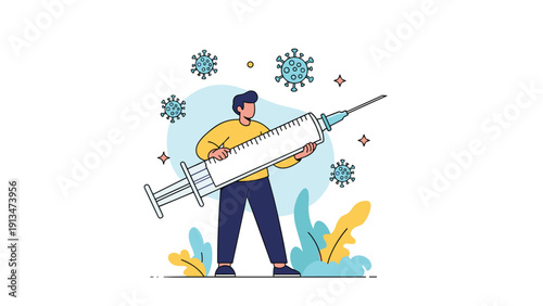 Person holding a giant medical syringe while surrounded by virus particles, representation of vaccine development and public health.