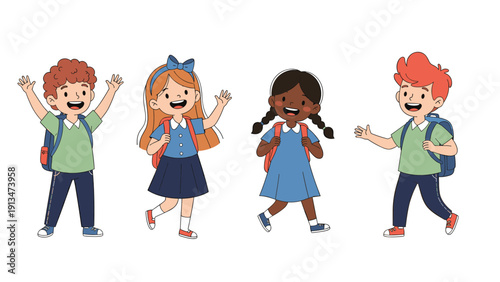 Group of diverse happy school children with backpacks waving and walking together, concept of friendship and back to school season.