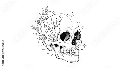 Gothic line art illustration of a human skull with leaves and crystals growing from it, mystical and macabre aesthetic on white background.